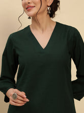 Bottle Green Cotton Flax Fabric Regular Fit V-Neck Co-Ord Set for Women
